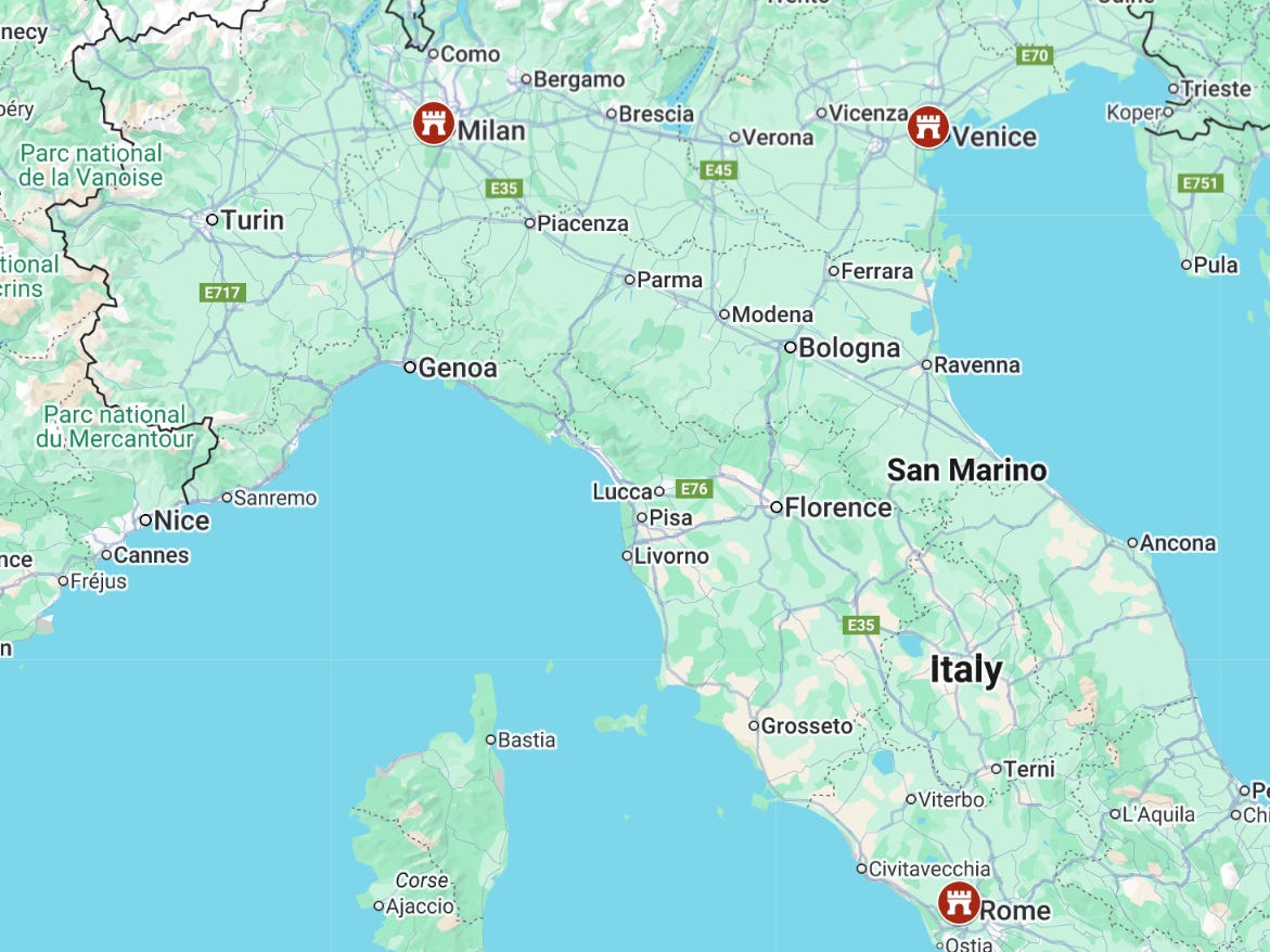 A map of italy with markers on Venice, Rome, and Milan