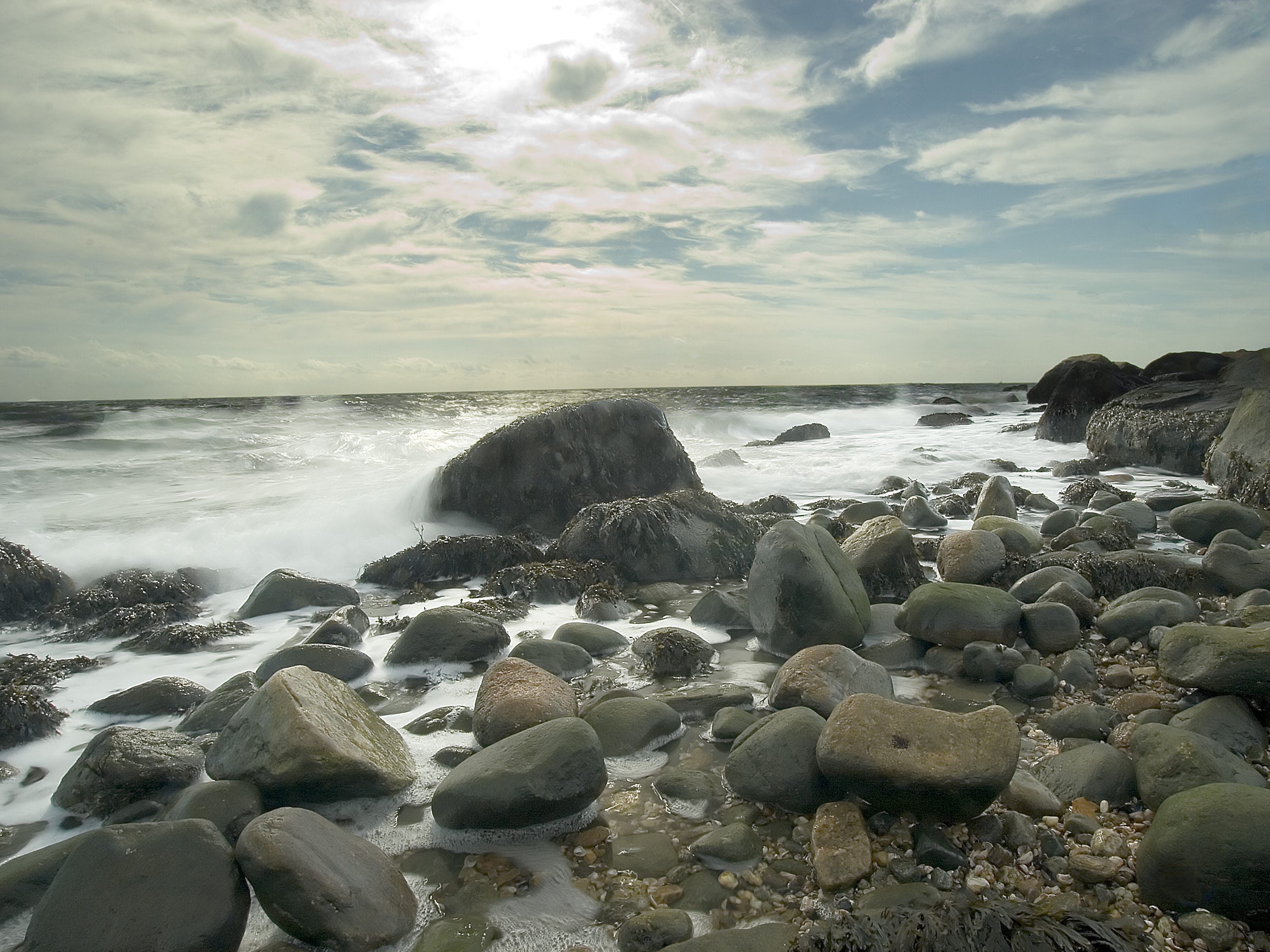 A rocky beach at Hammonasset State Park, Madison, Connecticut.