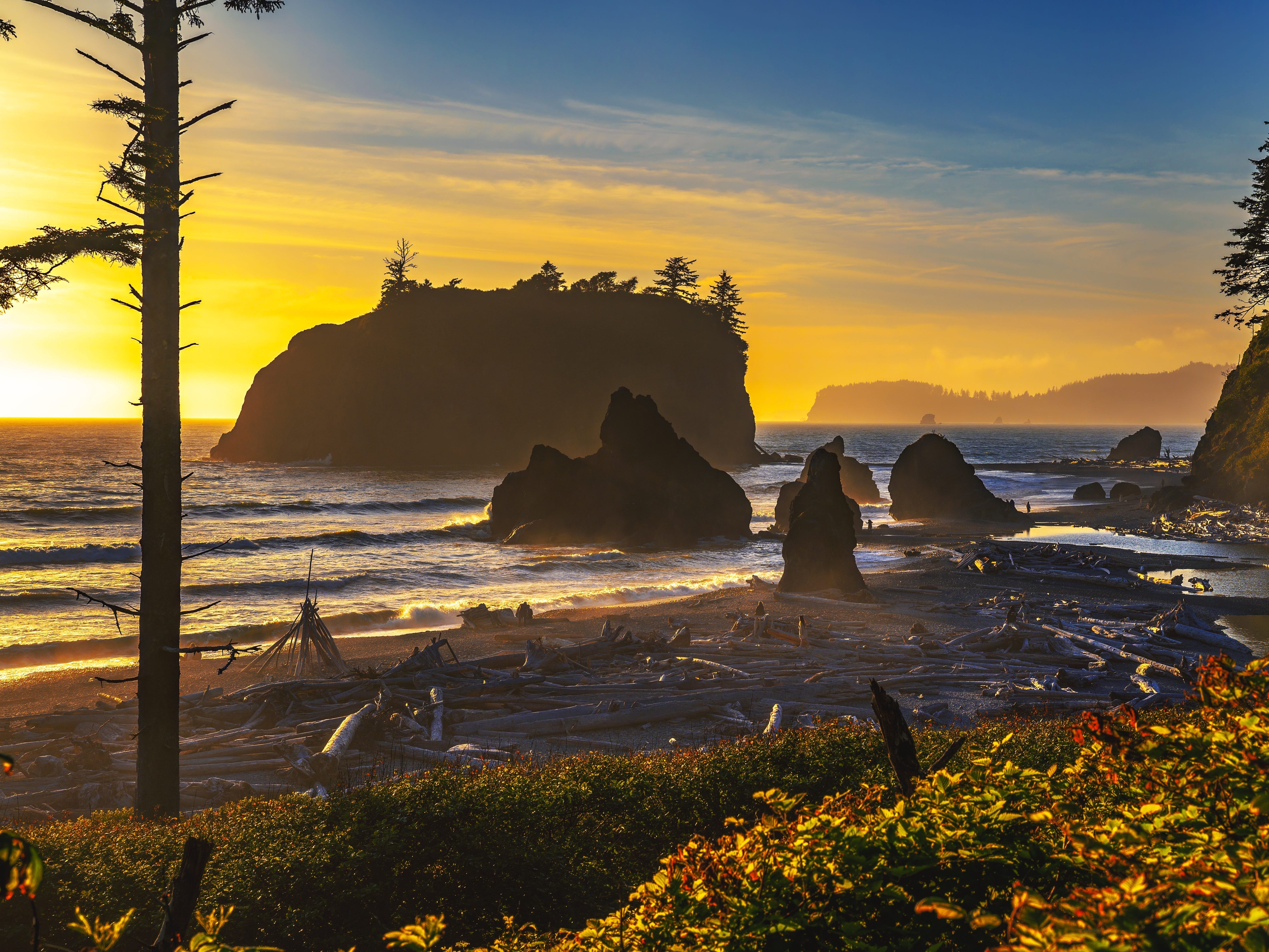 Colorful sunset at Ruby Beach with sea stacks.