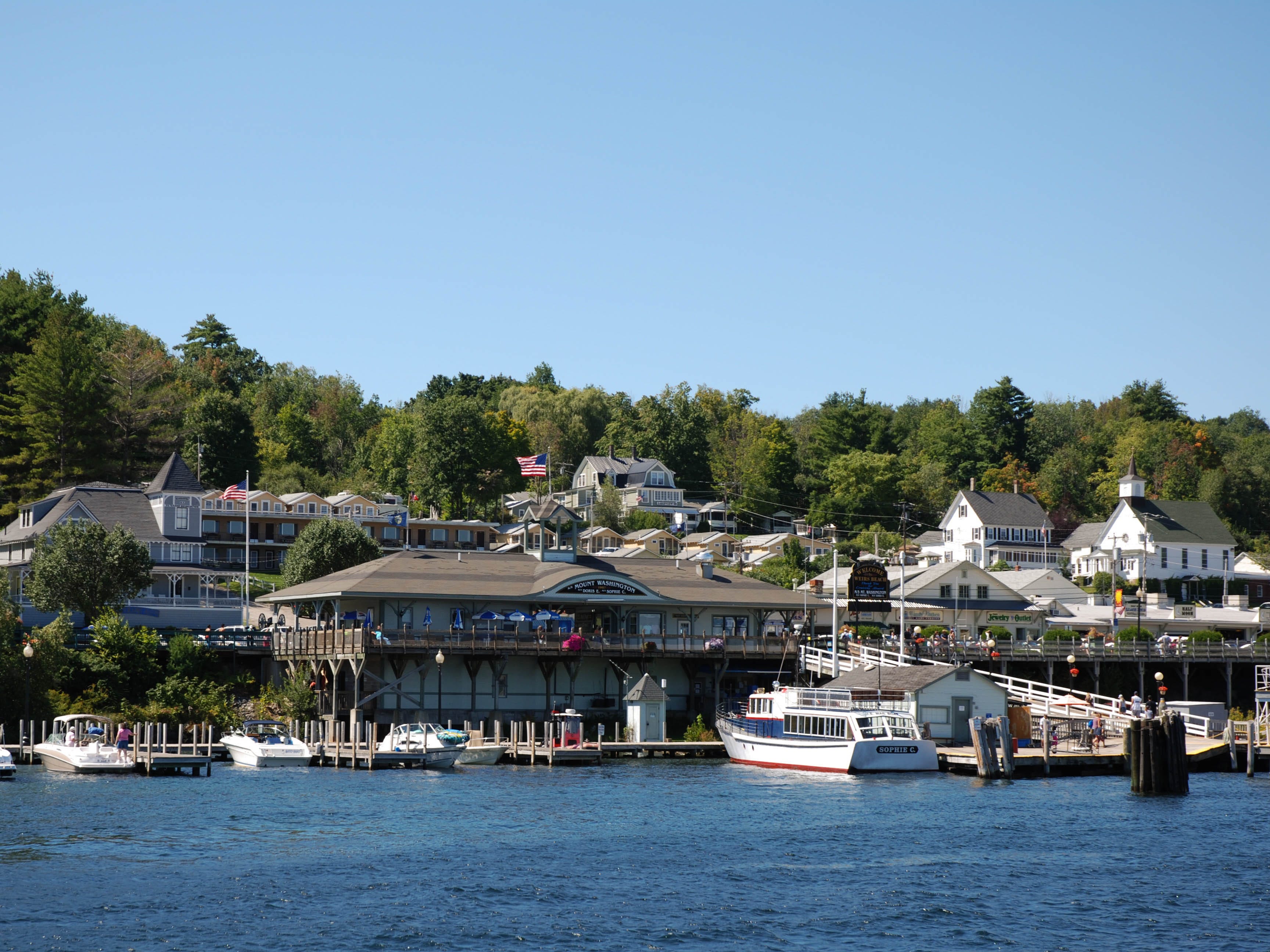 Jetty and buildings on the waterfront at Weirs Beach.