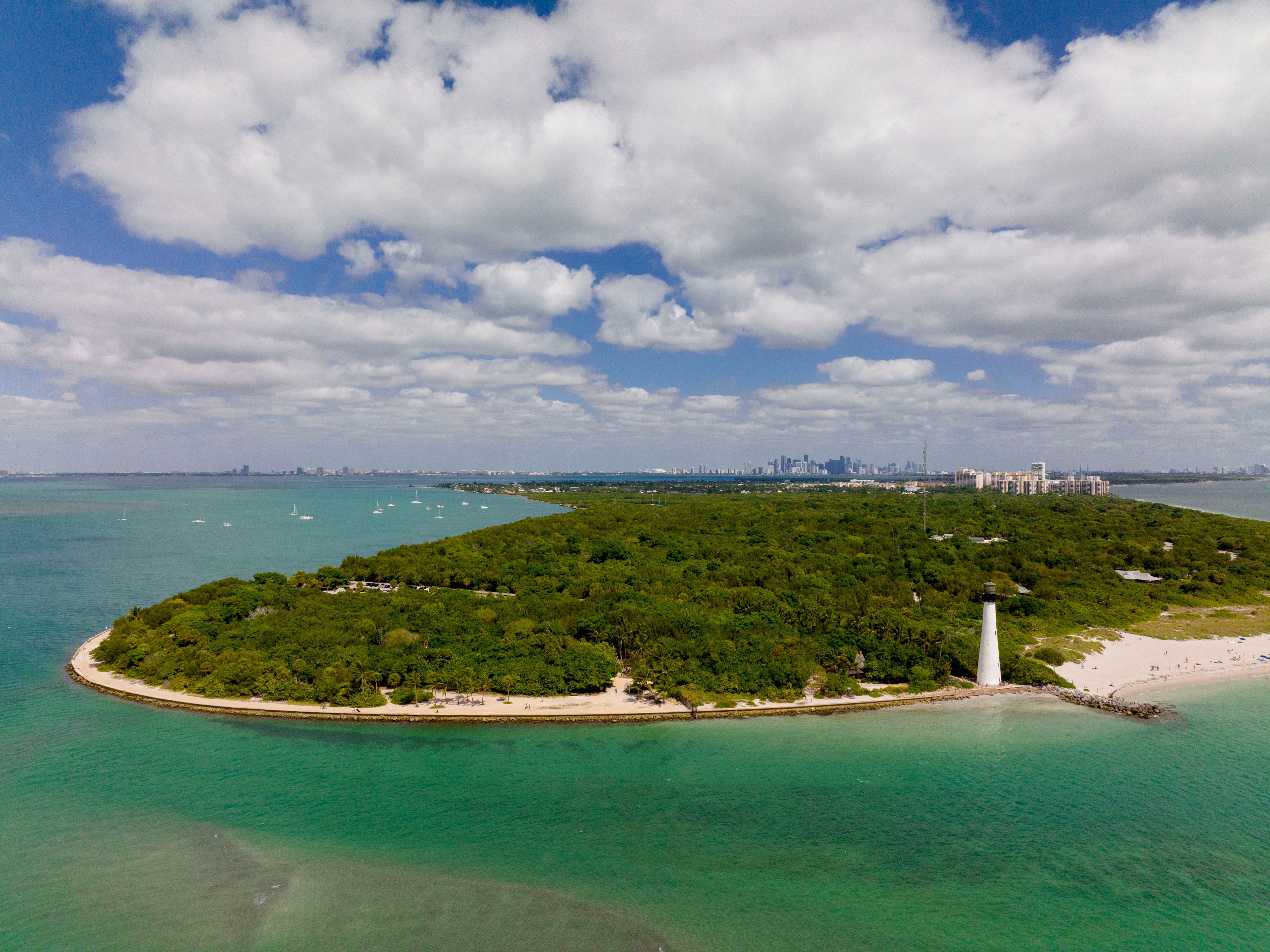 Aerial view of Cape Florida Lighthouse at the end of Key Biscayne in Miami-Dade County, Miami Beach, Florida.