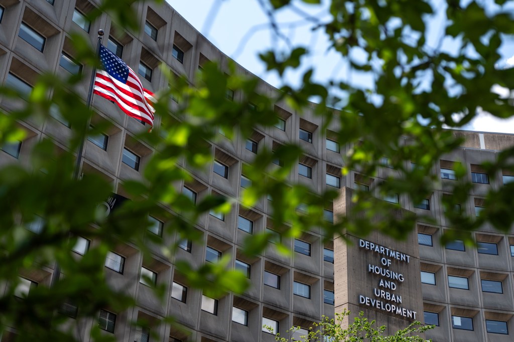 The Department of Housing and Urban Development (HUD) building in Washington, D.C. with an American flag.