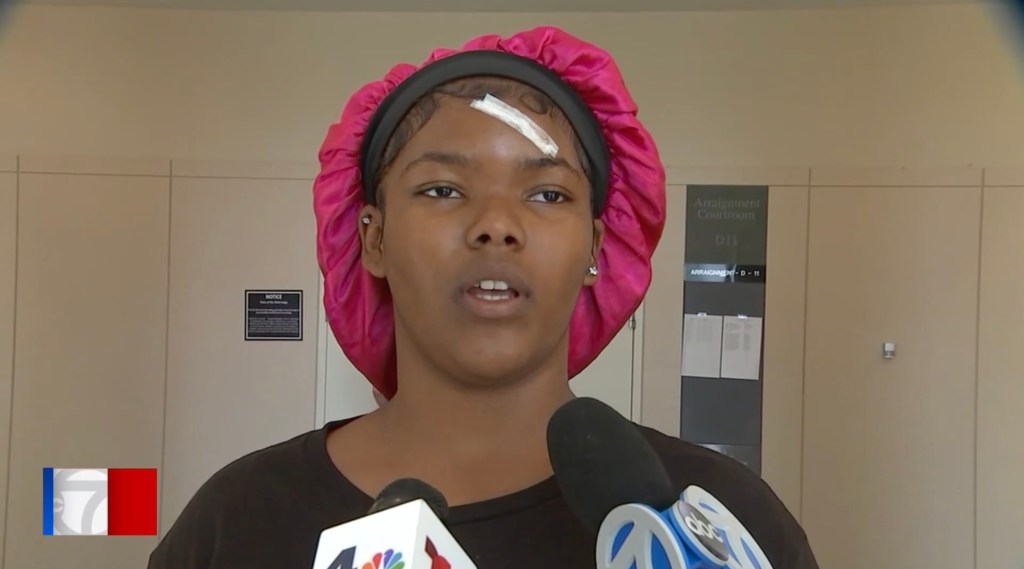 14-year-old Madison Evans, injured in an assault, being interviewed.