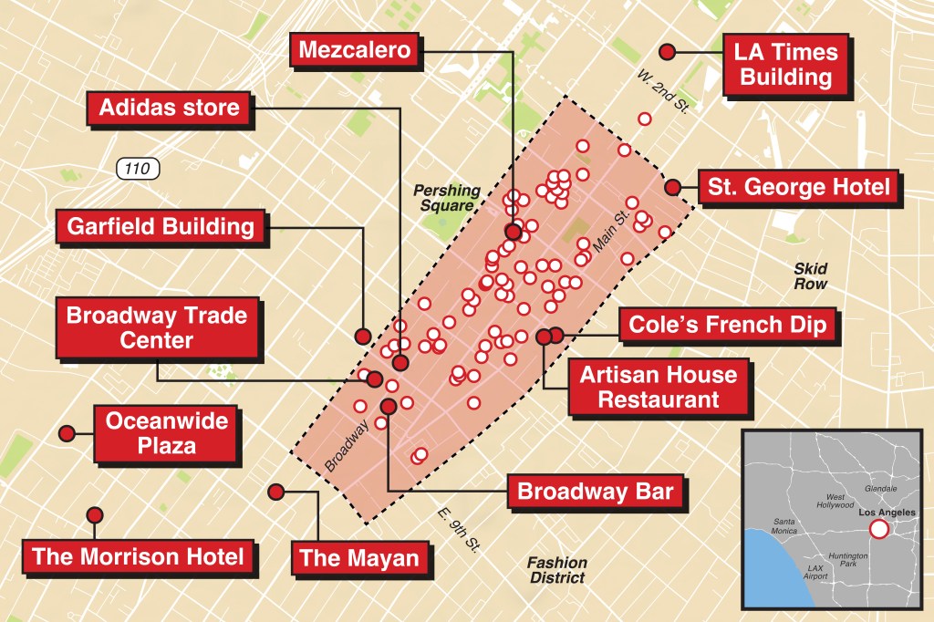 A map of business closures in the Historic Core of LA.