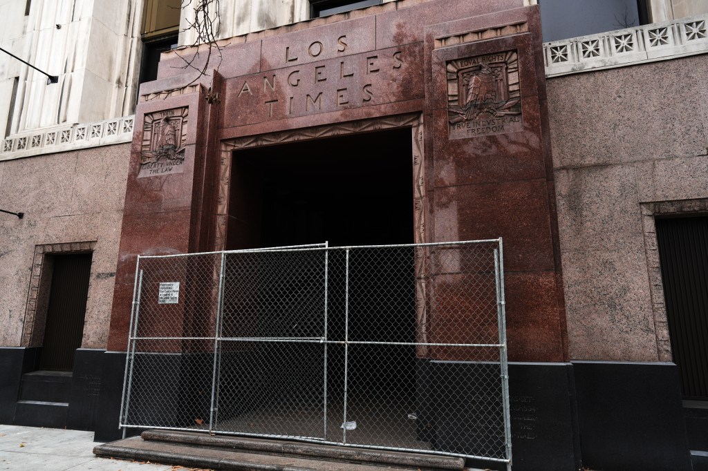 A fence seen outside the abandoned LA Times headquarters.