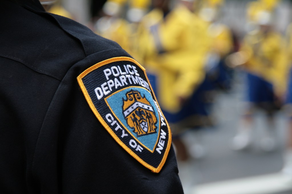 NYPD patch on a uniform.