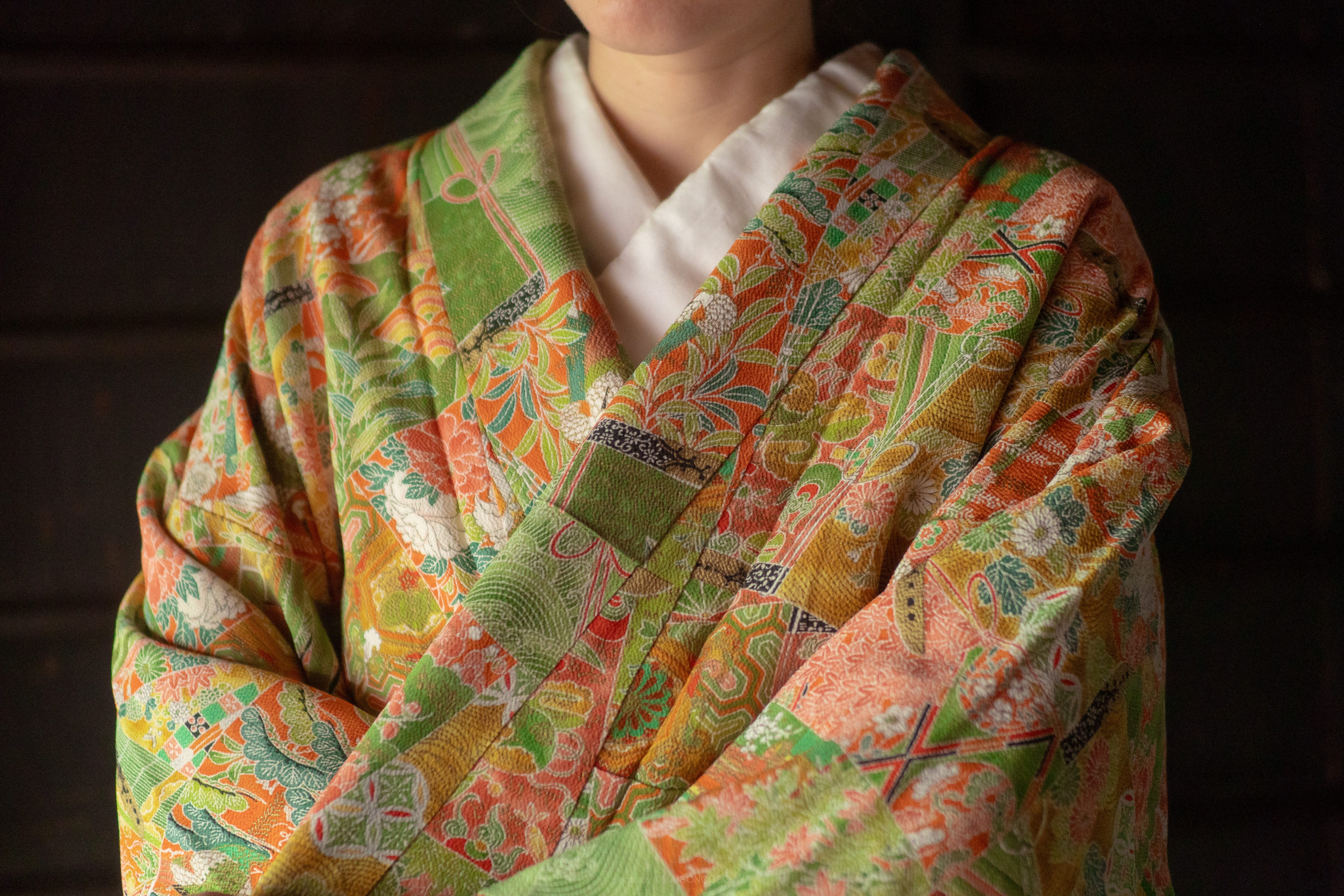 A close-up shot of a floral kimono.