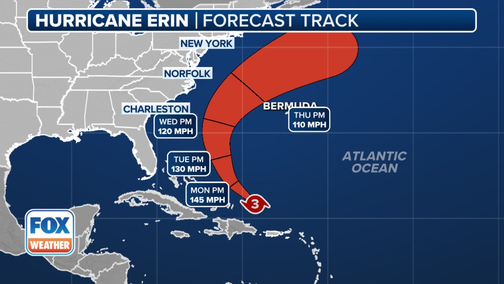 This graphic shows the forecast track for Hurricane Erin.