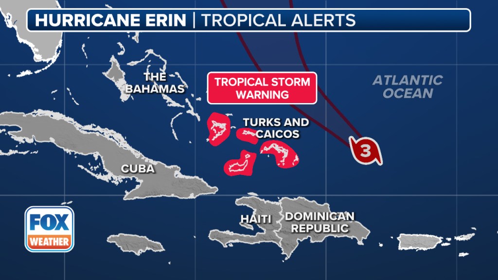 This graphic shows Tropical Storm Watches and Warnings in effect for Hurricane Erin.