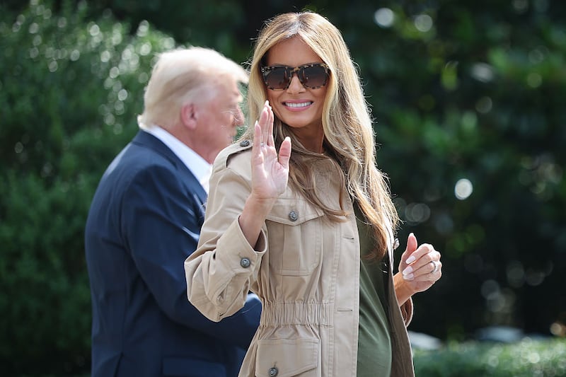 WASHINGTON, DC - JULY 11: First lady Melania Trump departs the White House with U.S. President Donald Trump on July 11, 2025 in Washington, DC. Trump is scheduled to travel to Central Texas today to meet with first responders and local elected officials involved with the recovery process from last week's flash flooding event that has claimed more than 120 lives. (Photo by Win McNamee/Getty Images)