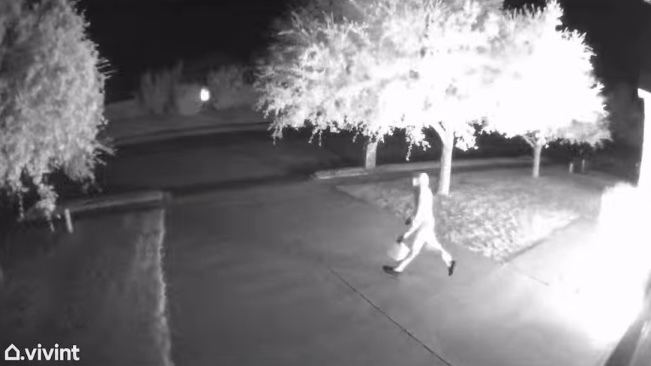 Nighttime security camera image of a person walking on a driveway carrying a bag.
