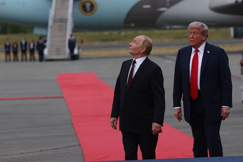 ANCHORAGE, ALASKA - AUGUST 15: (RUSSIA OUT) U.S. President Donald Trump and Russian President Vladimir Putin meet for their summit on the war in Ukraine, at U.S. Air Base on August 15, 2025, in Anchorage, Alaska, United States. Putin is having a one-day trip to Alaska. (Photo by Contributor/Getty Images)