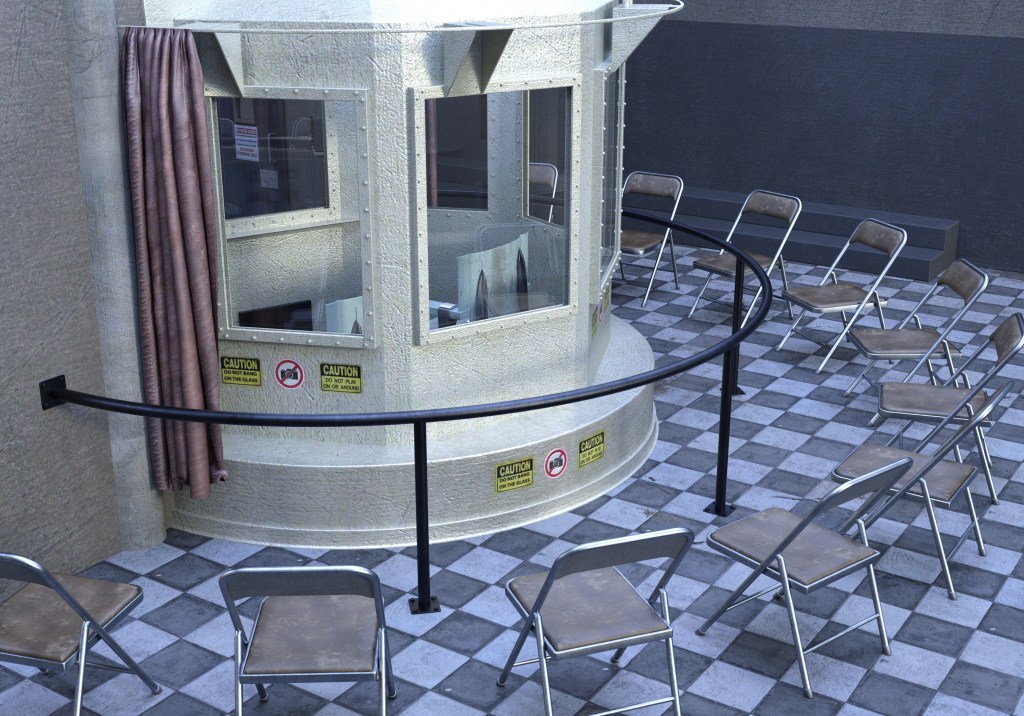 Illustration of a prison death chamber with chairs arranged in a semicircle.