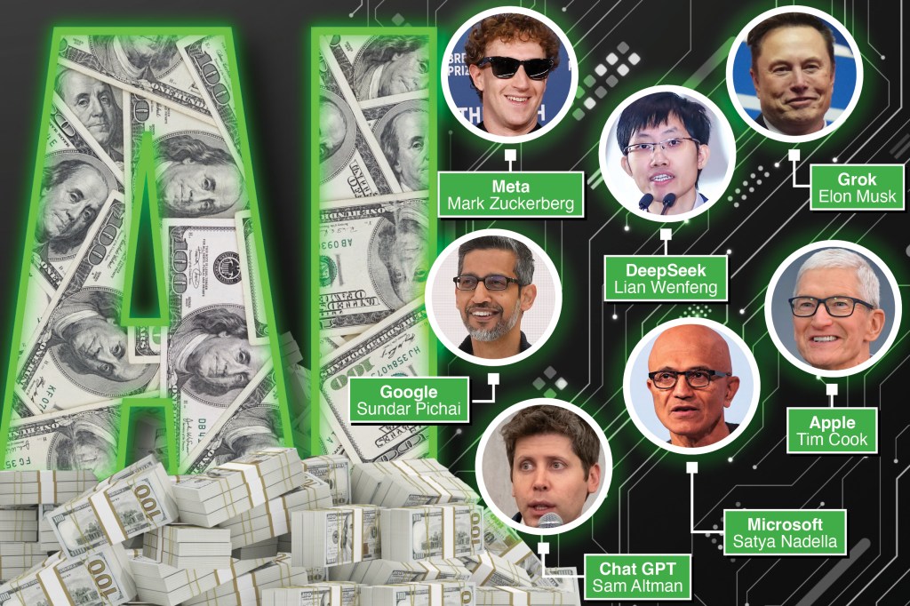 Illustration of AI letter formed by dollar bills, and portraits of tech leaders.