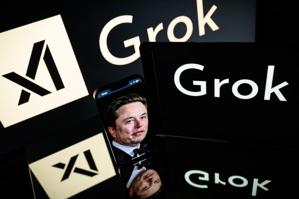 Elon Musk's image on a phone screen, with the xAI and Grok logos in the background.