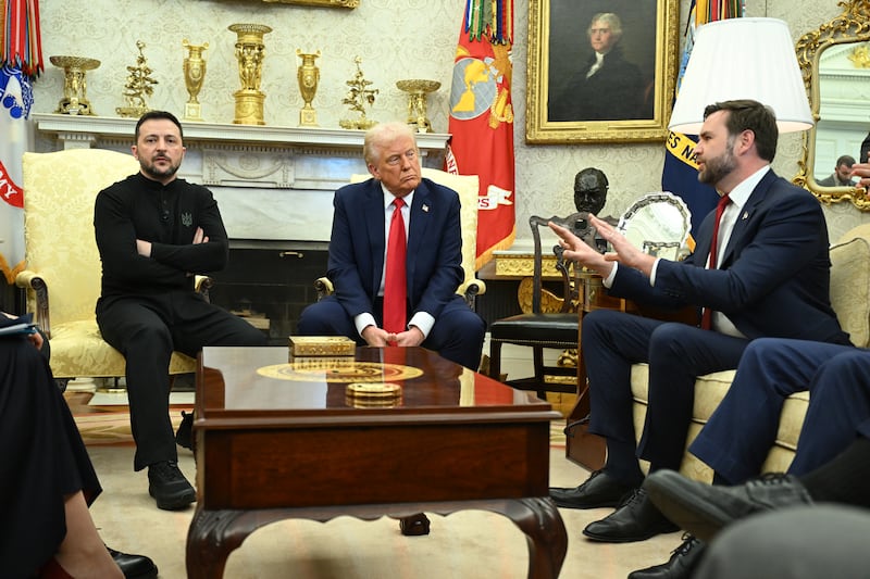 US President Donald Trump and Ukraine's President Volodymyr Zelensky listen to Vice President JD Vance (R)as they meet in the Oval Office of the White House in Washington, DC, February 28, 2025. Zelensky on February 28 told Trump there should be 