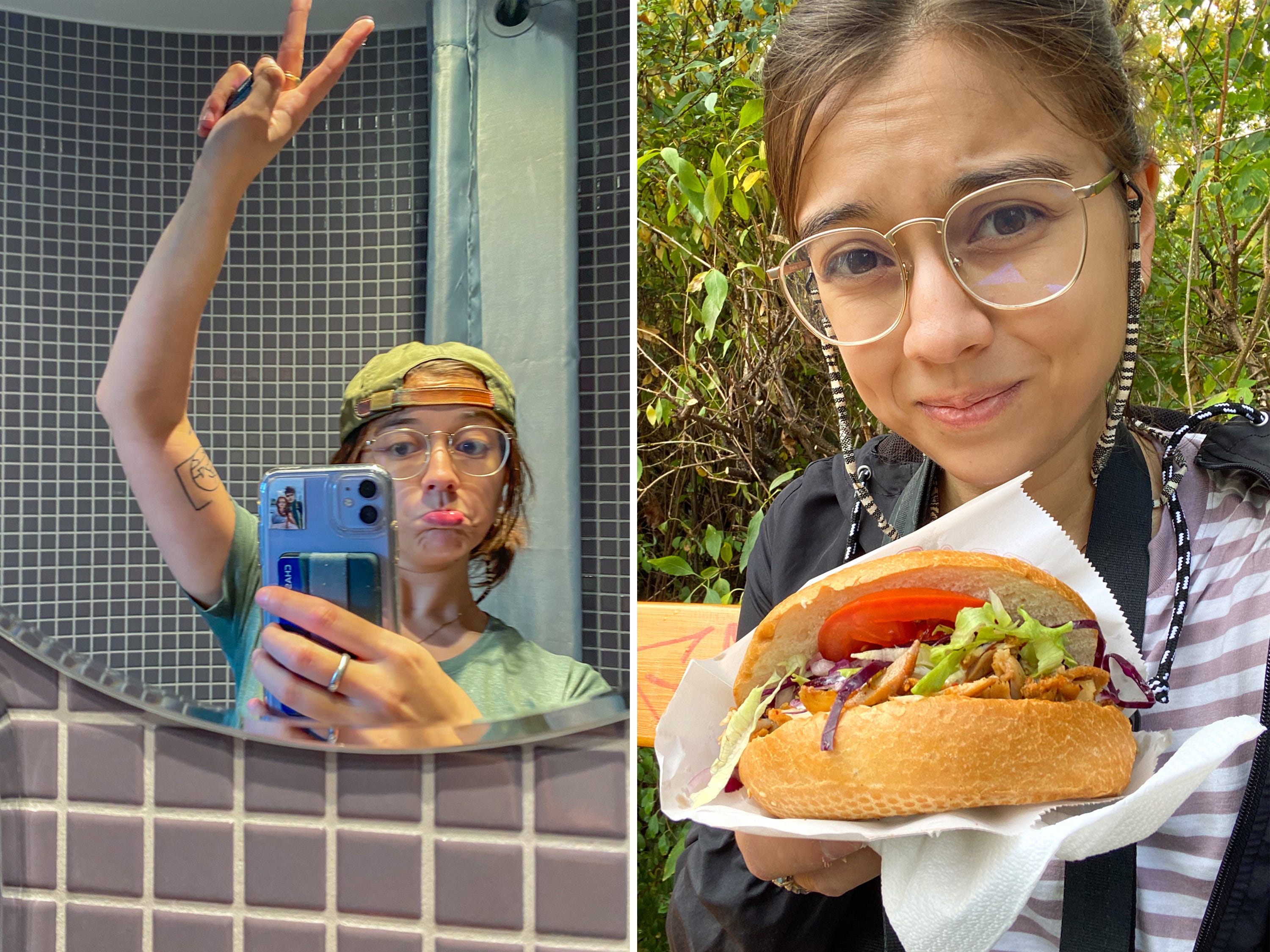 A composite image of the author taking a mirror selfie in a bathroom and enjoying a kebab in Vienna