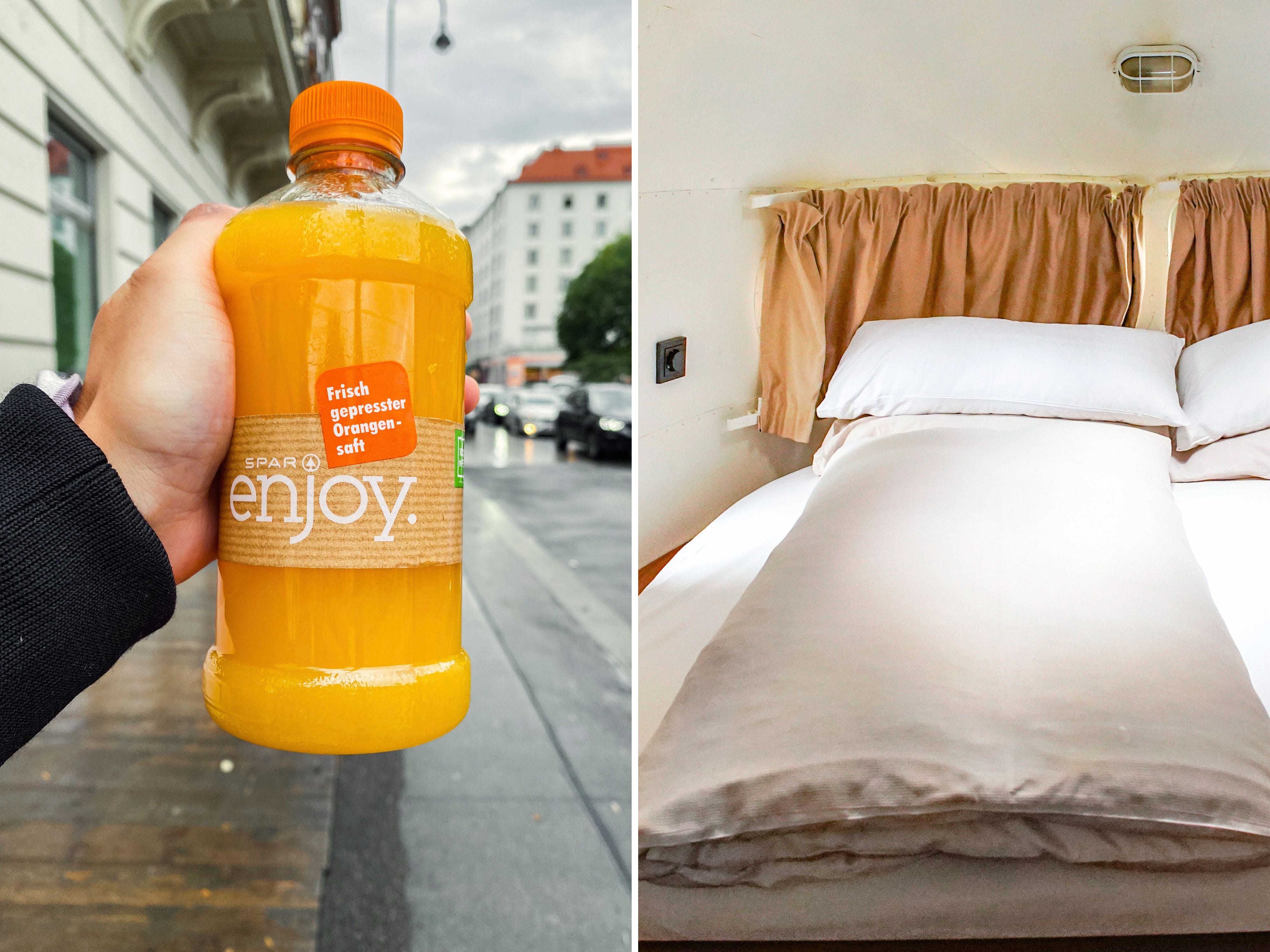 A composite image of a hand holding a bottle of orange juice on a sidewalk and a white bed