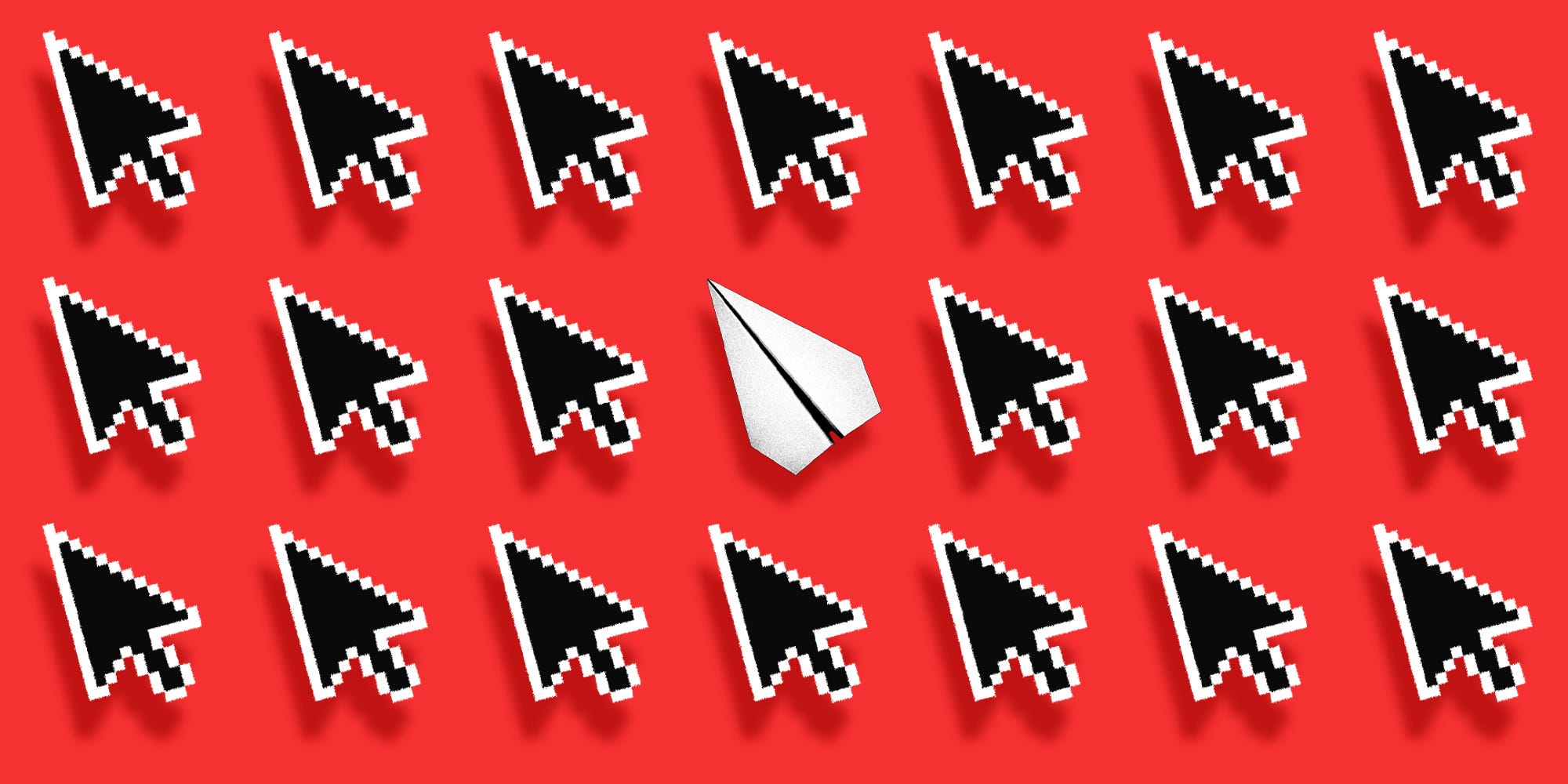A paper plane surrounded by computer cursors