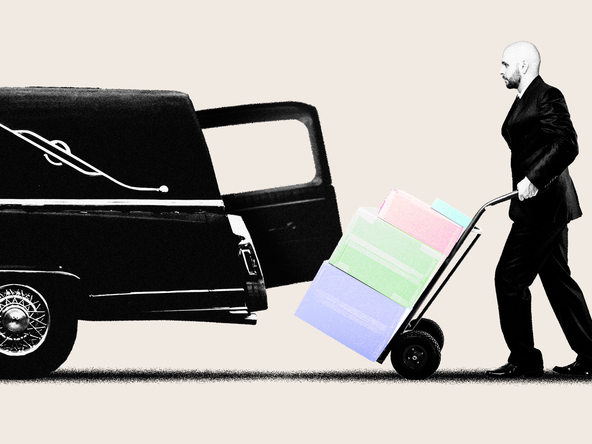 A person pushing a dolly of millennial pastel colored boxes towards a hearse