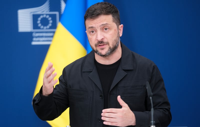 BRUSSELS, BELGIUM - AUGUST 17: President of Ukraine Volodymyr Zelenskyy and the EU Commission President Ursula (Unseen) talk to media prior a virtual meeting with EU leaders in the Berlaymont, the EU Commission headquarter on August 17, 2025 in Brussels, Belgium. The bilateral talks between Ukraine's President Zelensky and European Commission President Ursula von der Leyen come as European leaders announce they will join Zelensky and US President Trump for a meeting in Washington, DC on Monday. On Friday, Trump held a summit in Alaska with Russian President Vladimir Putin to discuss terms for ending the war in Ukraine. (Photo by Thierry Monasse/Getty Images)