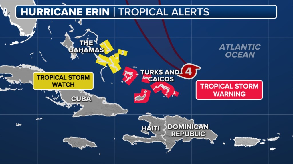 Hurricane Erin forecast map showing tropical storm watch and warning areas.