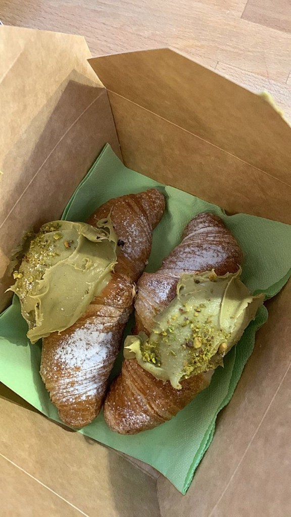 The chef's coffee shops serve numerous pastries, including these pistachio croissants.