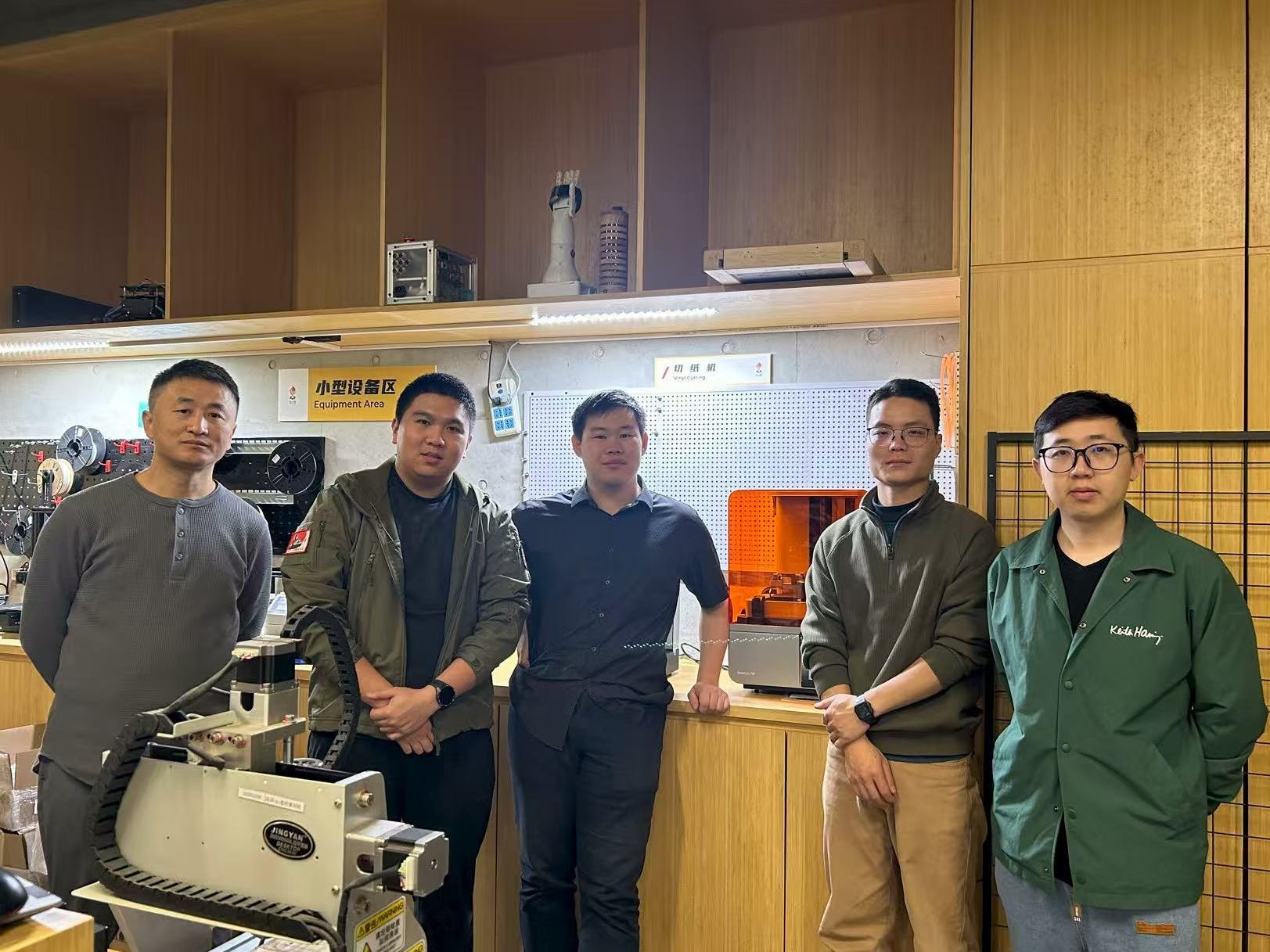 Kennedy Liu and four others at Chaihuo makerspace in Shenzhen, China.