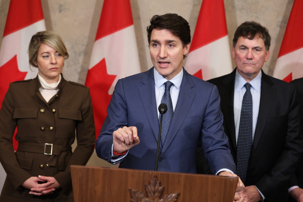 Justin Trudeau speaking at a news conference in March 2025.