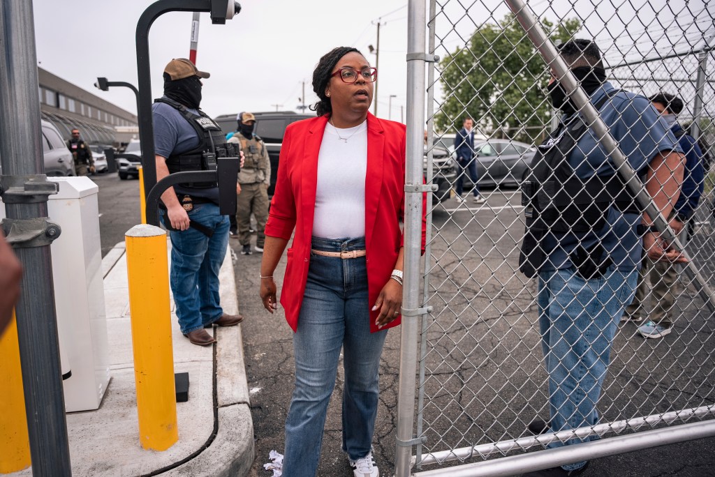 Rep. LaMonica McIver at an immigration protest outside an ICE detention facility in Newark, New Jersey.