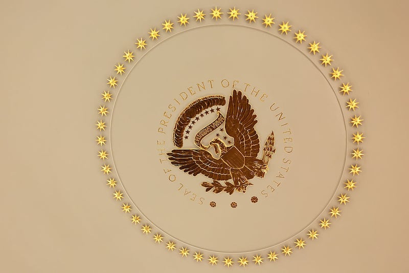 The presidential seal and the circle of stars that surround it on the ceiling of the U.S. President Donald Trump's Oval Office are now painted gold at the White House.