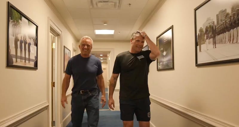 Pete Hegseth and RFK Jr. in the Pentagon promoting their exercise challenge.