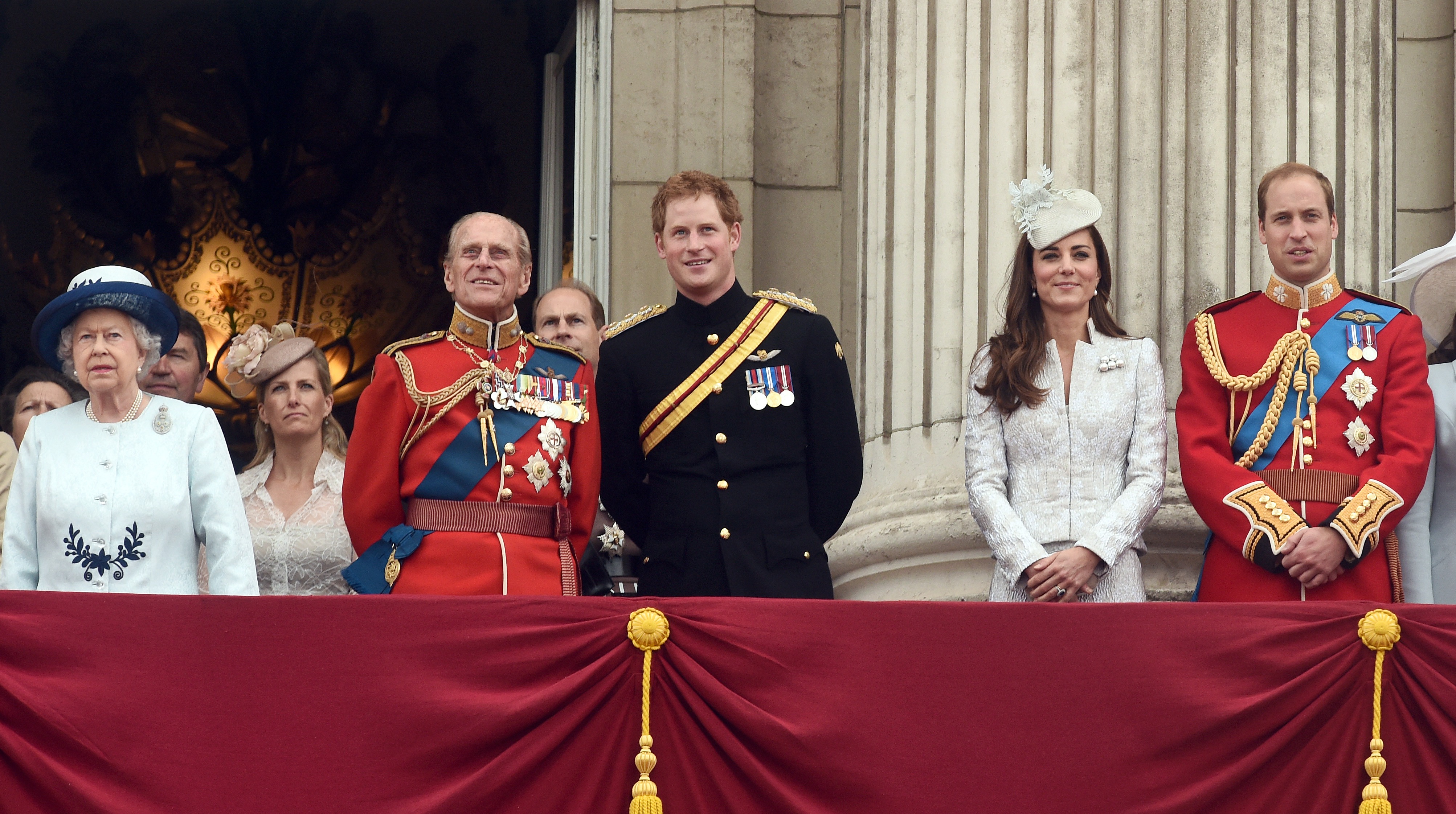 Sophie, Countess of Wessex, Queen Elizabeth, Prince Harry, Prince Philip, Kate Middleton and Prince William stand on the balcony of Buckingham Palace in 2014