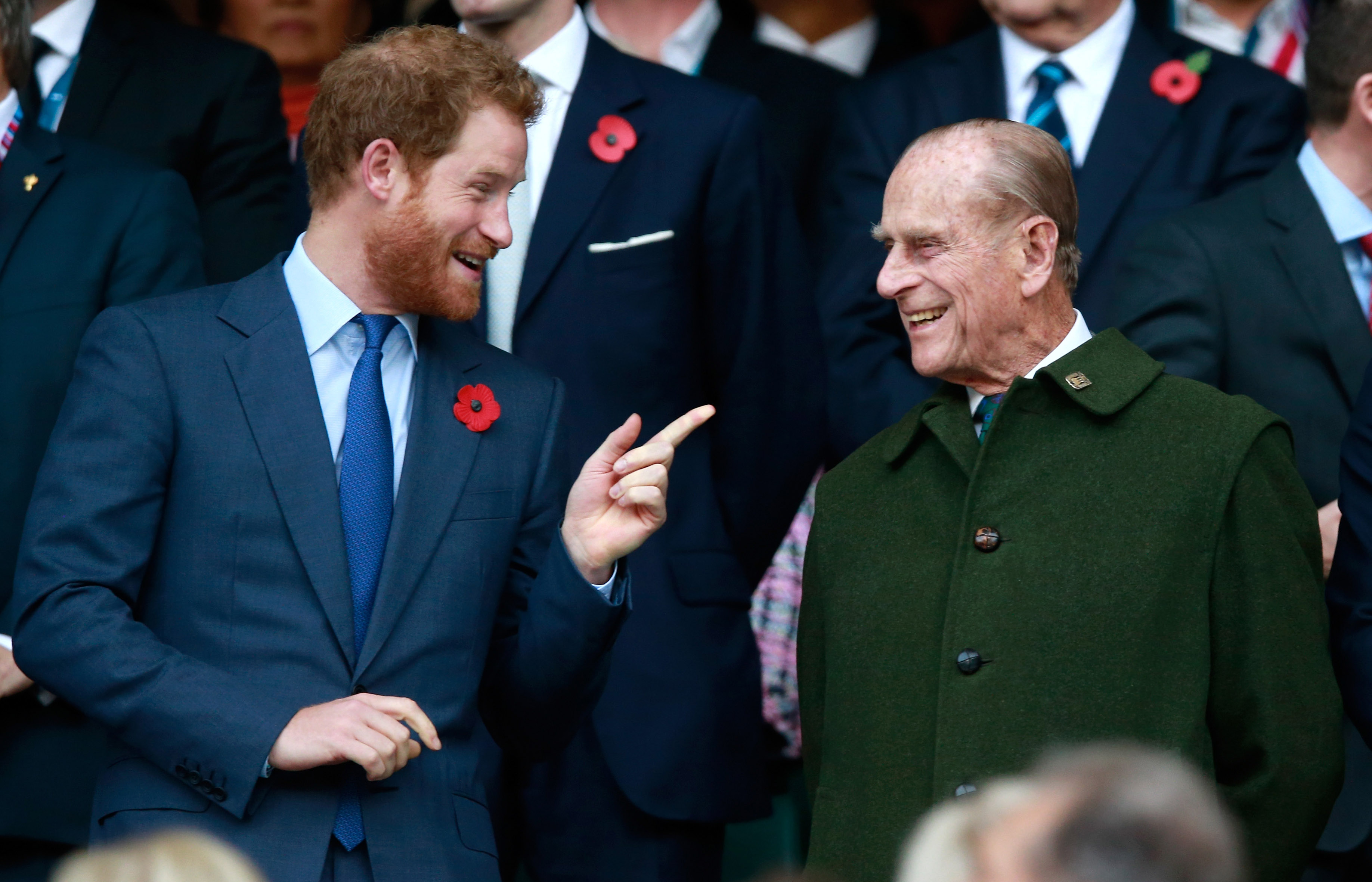 Prince Harry and Prince Philip during the 2015 Rugby World Cup Final match 