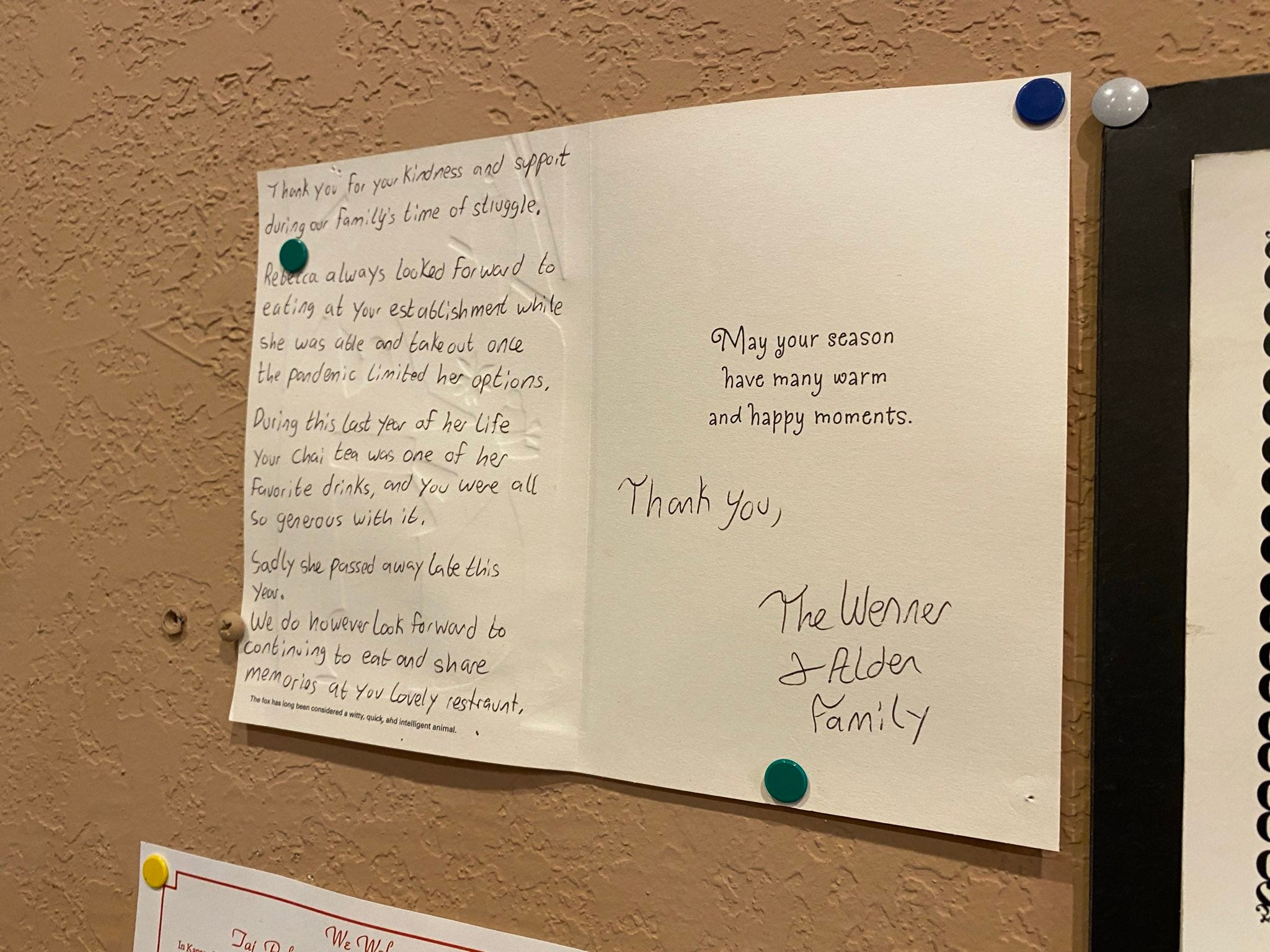Thank you card from Werner and Alden family pinned on wall