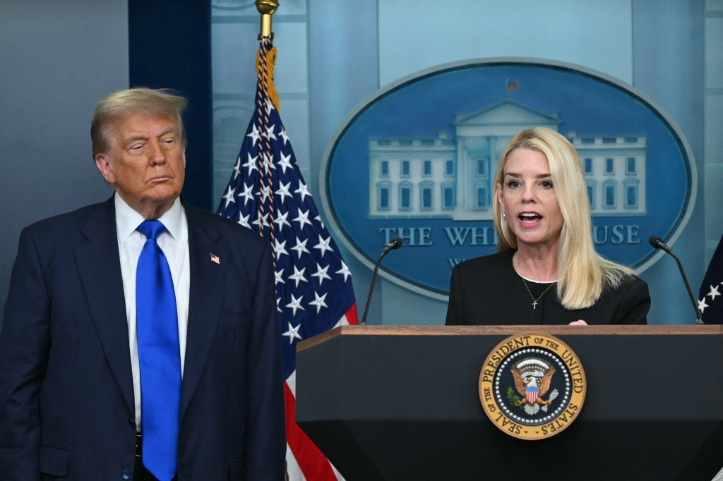 President Trump and Attorney General Pam Bondi at a White House press conference.