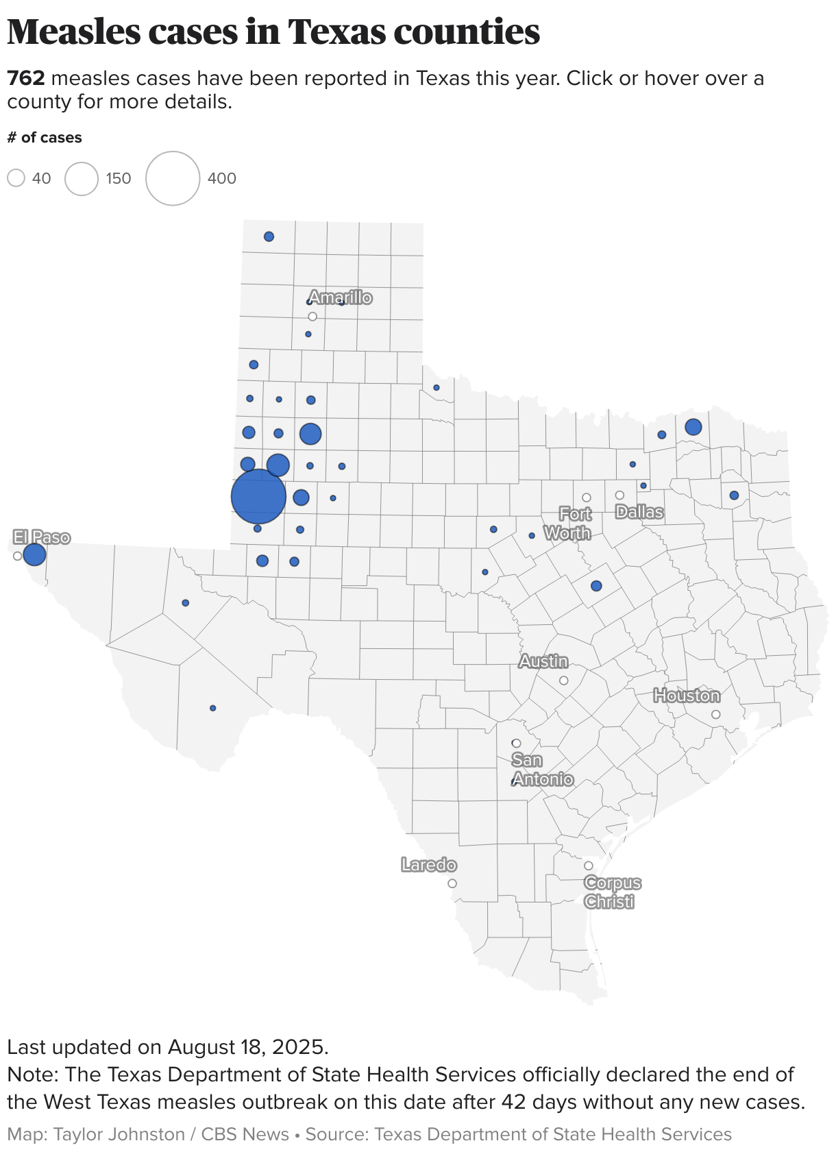 Map of measles cases by Texas county