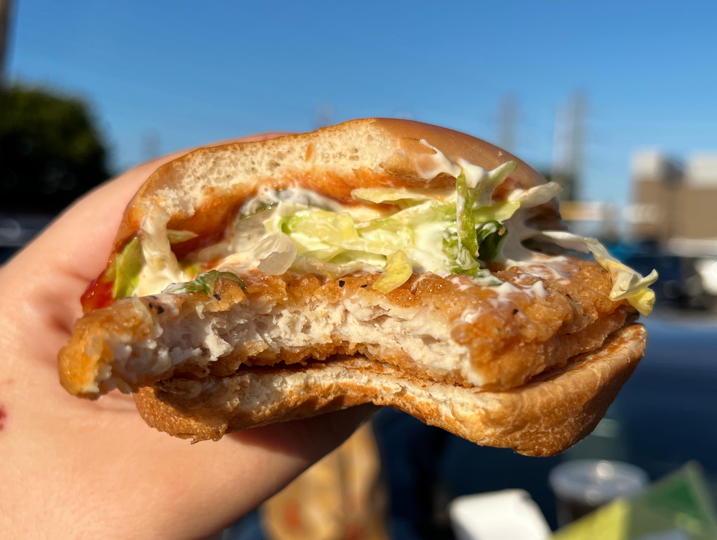 A hand holding a partially eaten fried-chicken sandwich with lettuce, mayo, and ketchup.