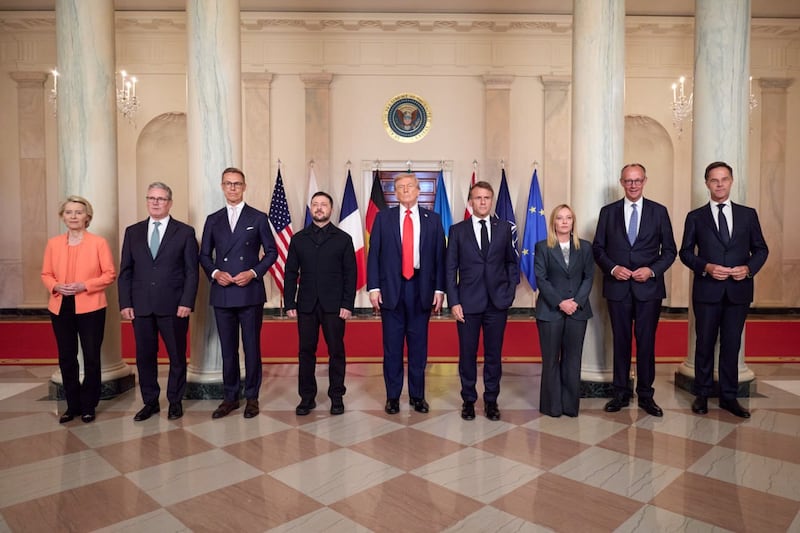 President Donald Trump was joined by the European Commission President Ursula von der Leyen, UK Prime Minister Keir Starmer, Finnish President Alexander Stubb, Ukrainian President Volodymyr Zelenskiy, French President Emmanuel Macron, Italian Prime Minister Giorgia Meloni, German Chancellor Friedrich Merz, and NATO Secretary General Mark Rutte at the White House on August 18, 2025.