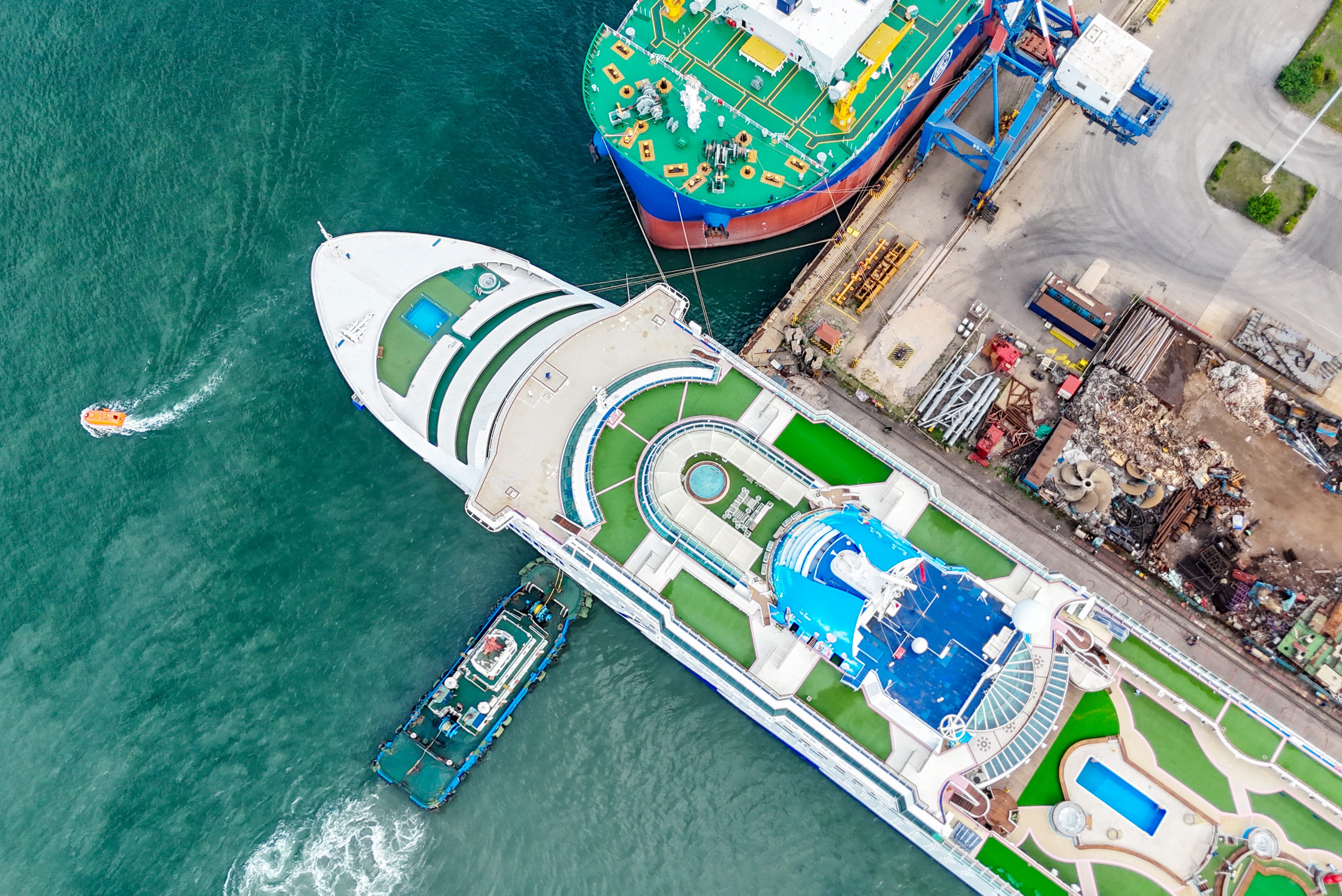 An aerial view of a luxury cruise ship at a Chinese shipyard.