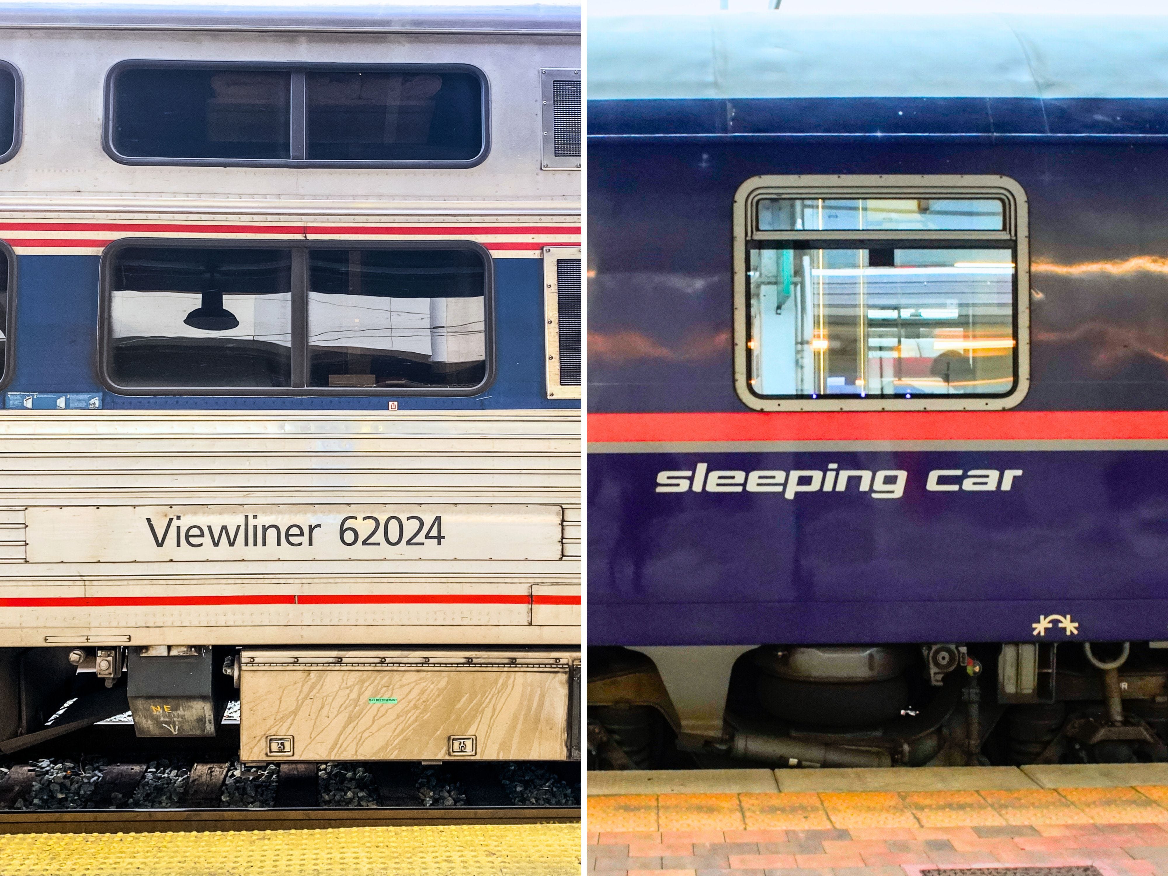 A composite image of the exterior of an Amtrak train and a Nightjet train