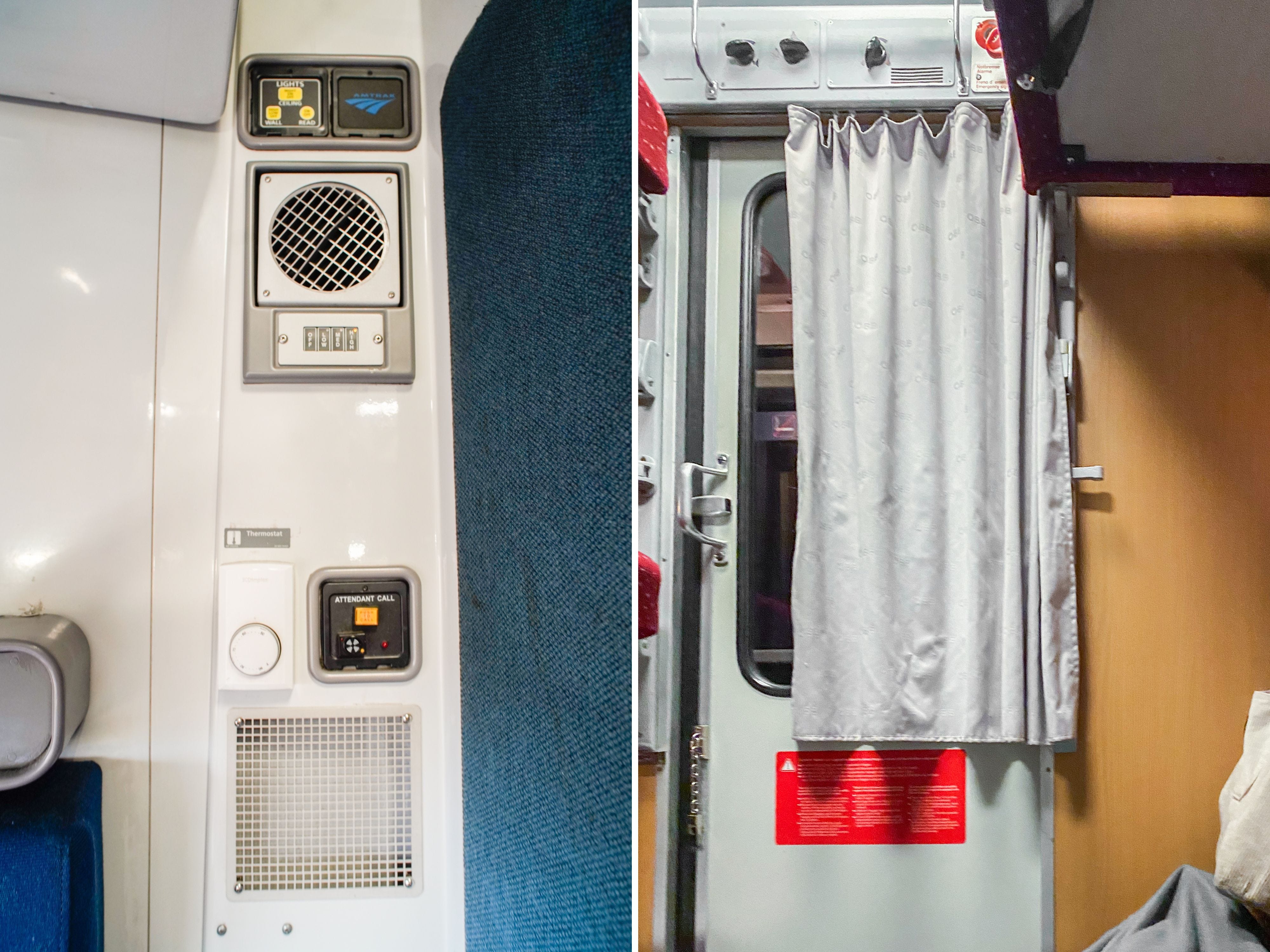 A composite image of room controls in sleeper cabins on Amtrak and Nightjet trains