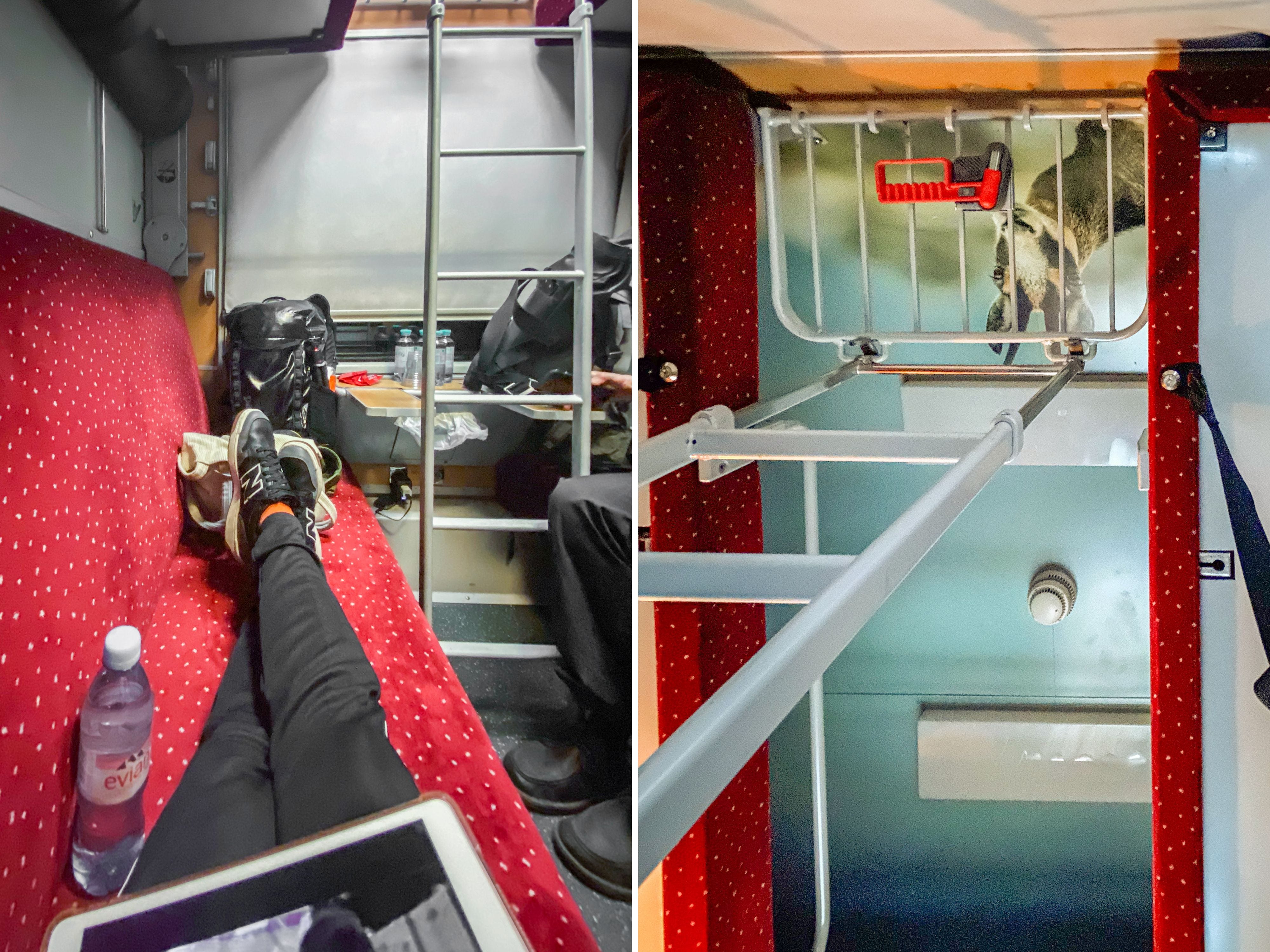 A composite image of a train cabin with red bunks seen from two different angles
