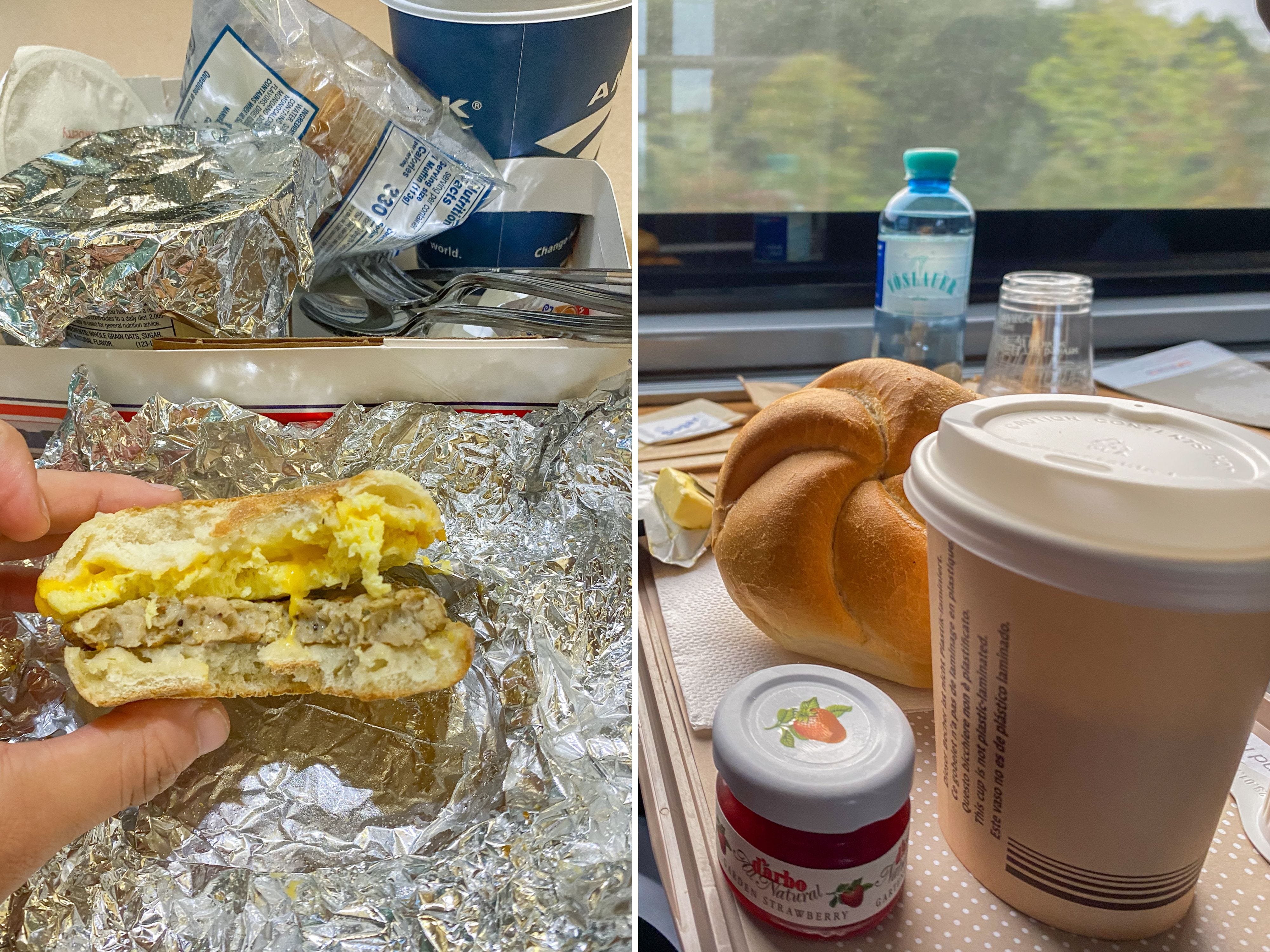 A composite image of the author's breakfast on the Amtrak train and the Nightjet train