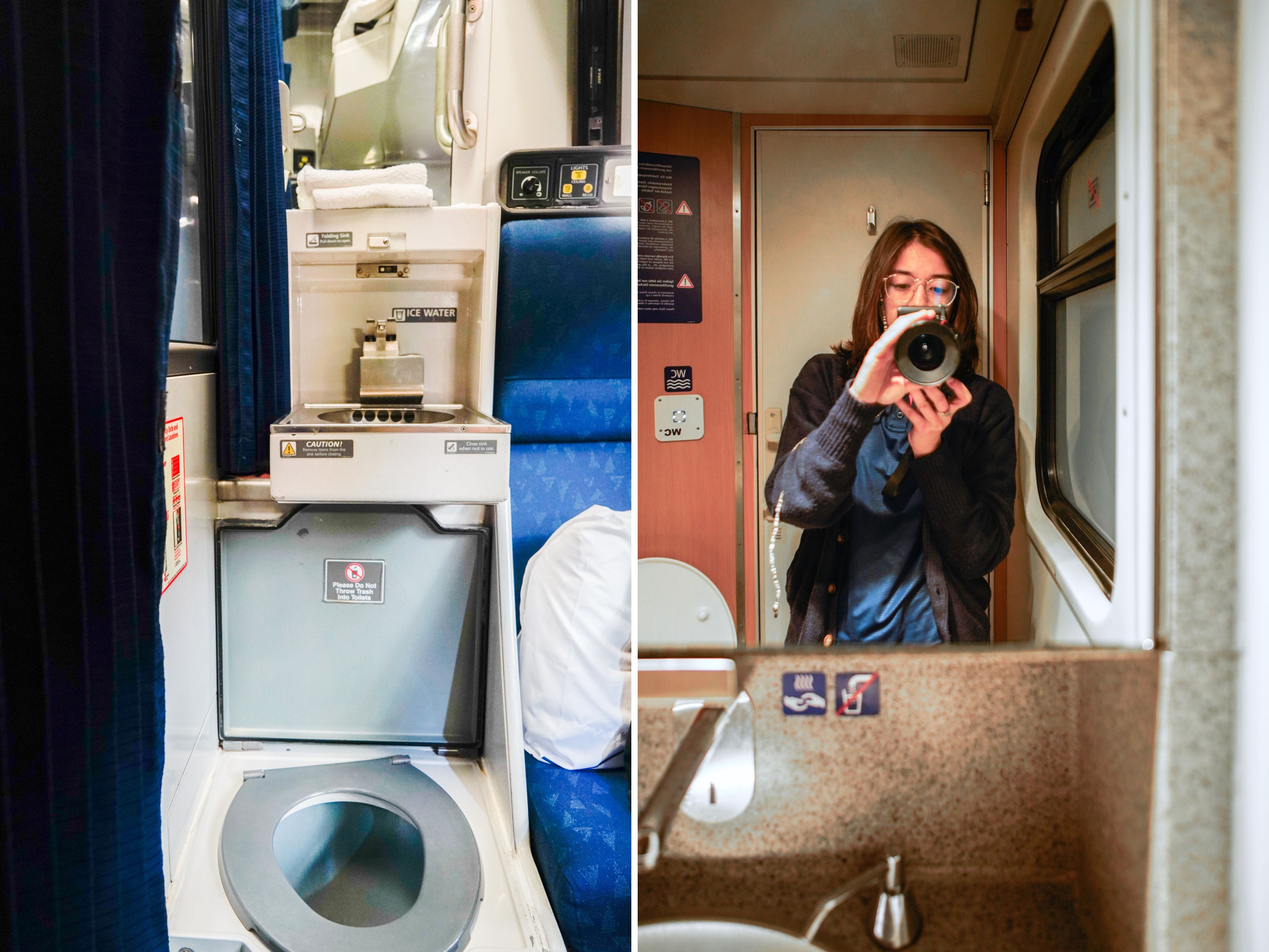 A composite image of a toilet and sink in the roomette and the author in the bathroom on the Nightjet train