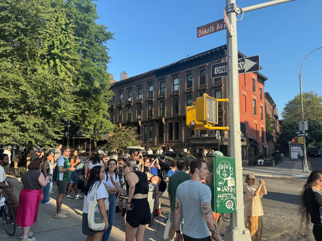 Crowd of people on a city street corner.