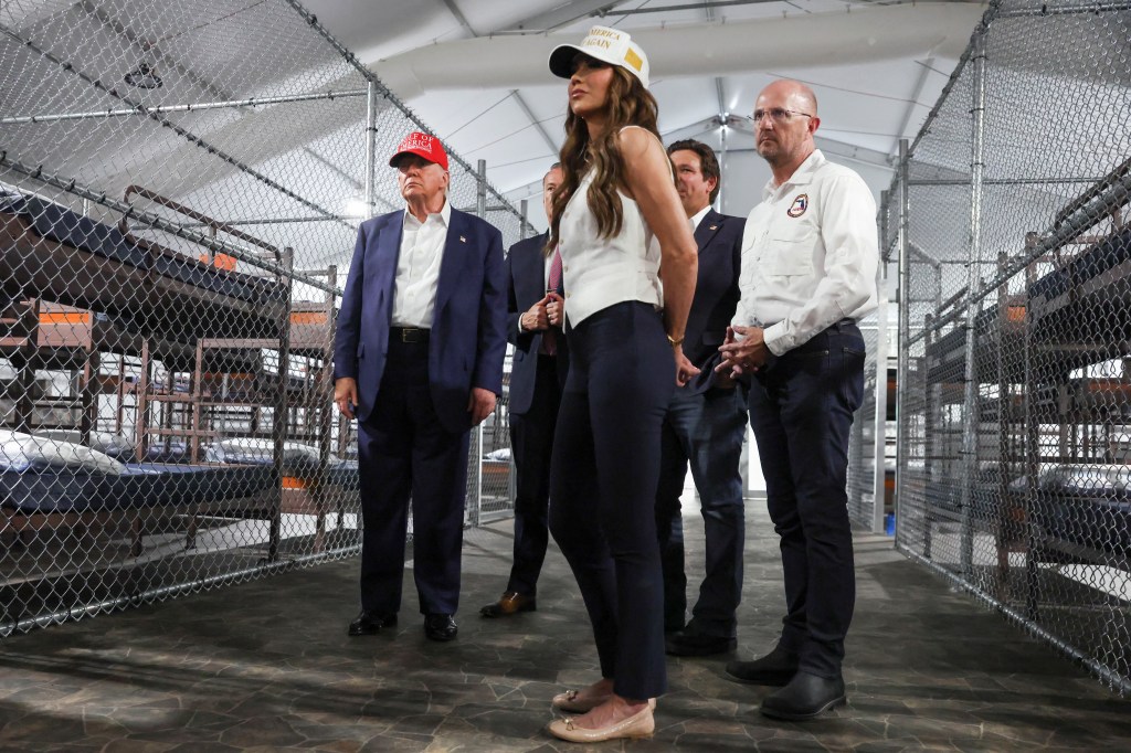 President Trump, Florida Governor DeSantis, and Homeland Security Secretary Noem visiting a migrant detention center.