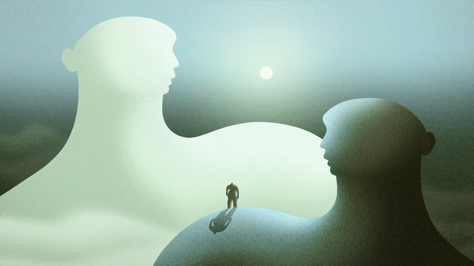 two large figures facing each other, with one smaller figure in the middle