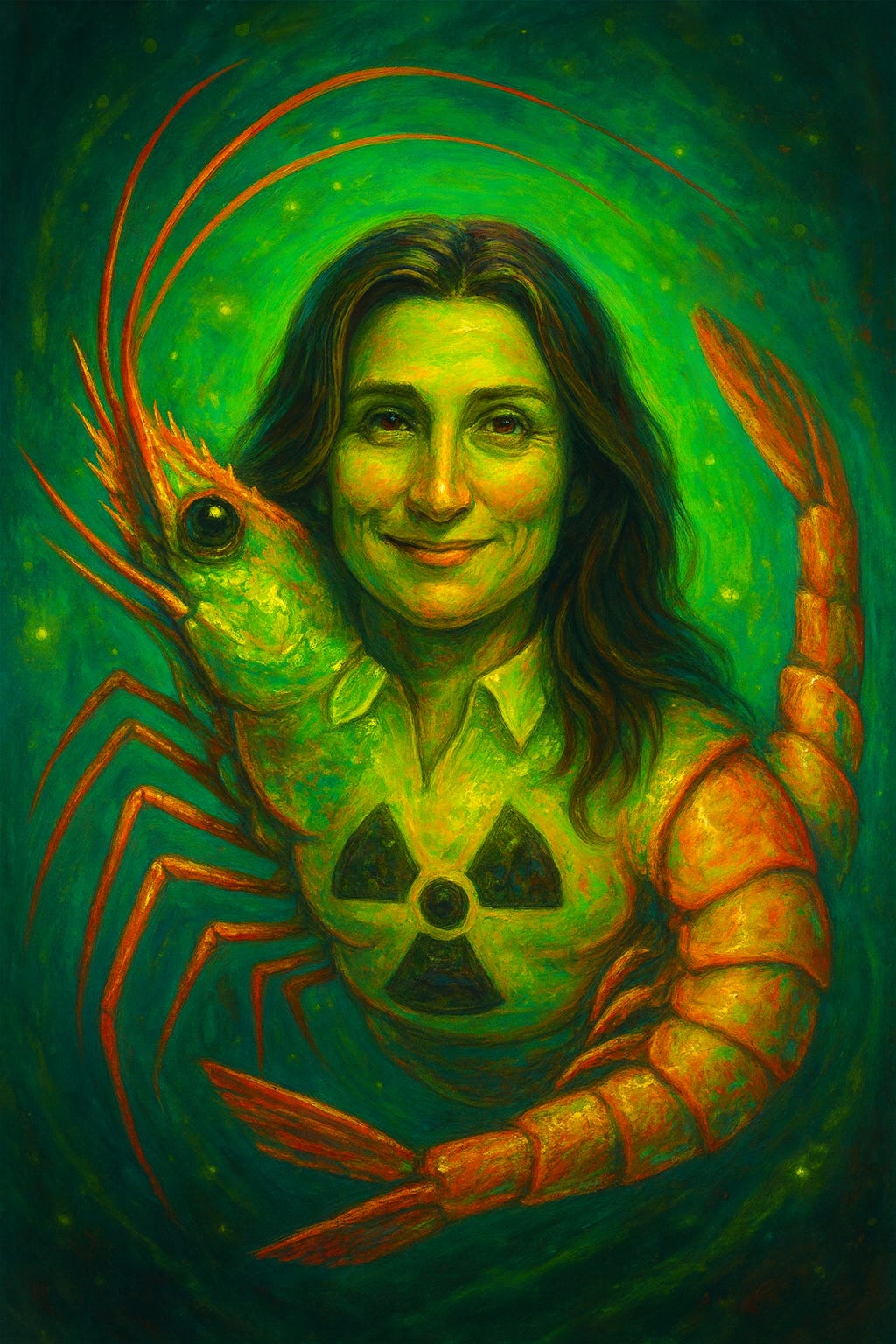 a woman's face with a shrimp and biohazard sign