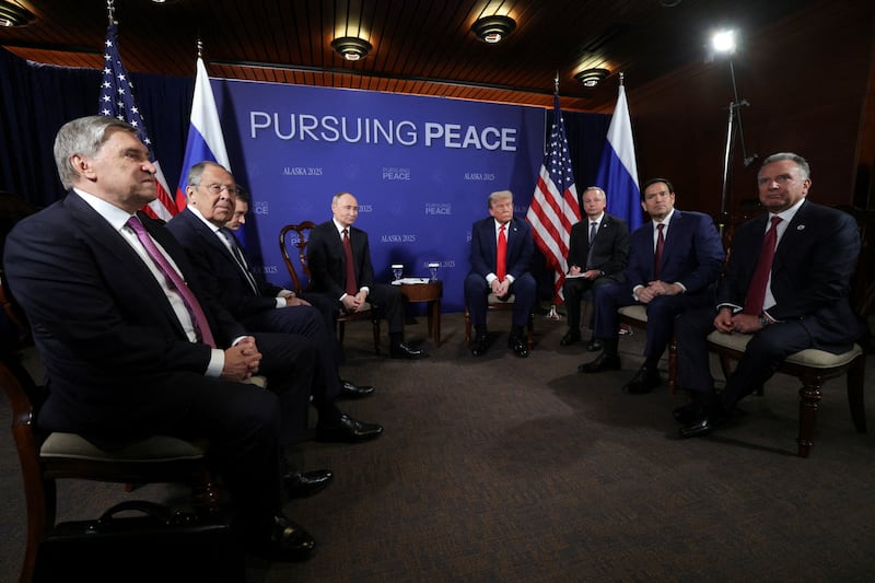 Putin and Trump attend Friday's meeting with (L-R) Russian Presidential Aide Yury Ushakov, Russian Foreign Minister Sergey Lavrov, U.S. Secretary of State Marco Rubio and U.S. Special Envoy Steve Witkoff